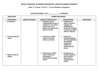 ESCOLA MUNICIPAL DE ENSINO FUNDAMENTAL GERALDO GOMES DE BARROS

                                Série: 3ª Turmas: “A, B e C ”. Turnos: Matutino e Vespertino



                                  PLANO DE ENSINO – 2011 _____________ IV UNIDADE

    DISCIPLINA                                                    ENSINO RELIGIOSO

  CONTEÚDOS               OBJETIVO GERAL         OBJETIVO ESPECÍFICO              ESTRATÉGIAS              AVALIAÇÃO
• A violência                                    • Despertar para a             • Trabalhos de
                                                   compreensão de que a            leitura, recorte e
                                                   violência é uma coisa           colagem de
                                                   muito ruim, é um                reportagens e
                                                   grande mal que temos            textos em revistas
                                                   hoje no mundo.                  e jornais que falem
                                                                                   sobre o assunto.


•   O nascimento de                              •   Conhecer e refletir        •   Leitura de
    Jesus                                            sobre a vinda de               histórias bíblicas
                                                     Jesus ao mundo.                em livros infantis,e
                                                                                    uso de DVD
                                                                                    contando a
                                                                                    história do
                                                                                    nascimento de
                                                                                    Jesus.


                                                 •   Reconhecer o Natal         •   Confecção de
•   Natal: a festa da                                como a festa que               cartões, desenho
    alegria                                          comemora o                     livre e pintura
                                                     nascimento de Jesus            referente ao
                                                     Cristo.                        nascimento de
                                                                                    Cristo.
 