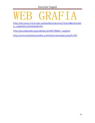 Excreción Vegetal
12
http://recursos.cnice.mec.es/biosfera/alumno/1bachillerato/rein
o_vegetal/contenidos8.htm
http://es.wikipedia.org/wiki/Excreci%C3%B3n_vegetal
http://www.botanical-online.com/foro/viewtopic.php?t=591
 