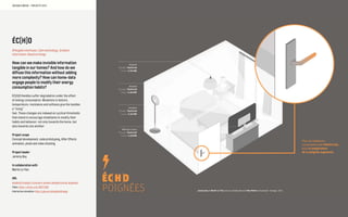 SOCIABLE MEDIA – PROJECTS 2012
ÉC[H]O
#Tangible interfaces, Calm technology, Ambient
information, Reactive things
How can we make invisible information
tangible in our homes? And how do we
diffuse this information without adding
more complexity? How can home-data
engage people to modify their energy
consumption habits?
EC[H]O Handles suffer degradation under the effect
of energy consumption. Mutations in texture,
temperature, resistance and softness give the handles
a “living”
feel. These changes are indexed on cyclical thresholds
that intend to encourage inhabitants to modify their
habits and behavior, not only towards the home, but
also towards one another.
Project scope
Concept development, code prototyping, After Effects
animation, photo and video shooting
Project leader
Jeremy Boy
In collaboration with
Martin Le Tiec
URL
lecollectif.orange.fr/concours-jeunes-designers/echo-poignees/
Video: https://vimeo.com/58771298
Interactive simulation: http://jyby.eu/simulationOrange
 