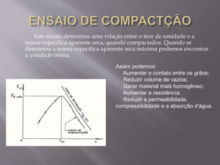 Este ensaio determina uma relação entre o teor de umidade e a
massa específica aparente seca, quando compactados. Quando se
determina a massa específica aparente seca máxima podemos encontrar
a umidade ótima.
Assim podemos:
Aumentar o contato entre os grãos;
Reduzir volume de vazios;
Gerar material mais homogêneo;
Aumentar a resistência;
Reduzir a permeabilidade,
compressibilidade e a absorção d’água.
 