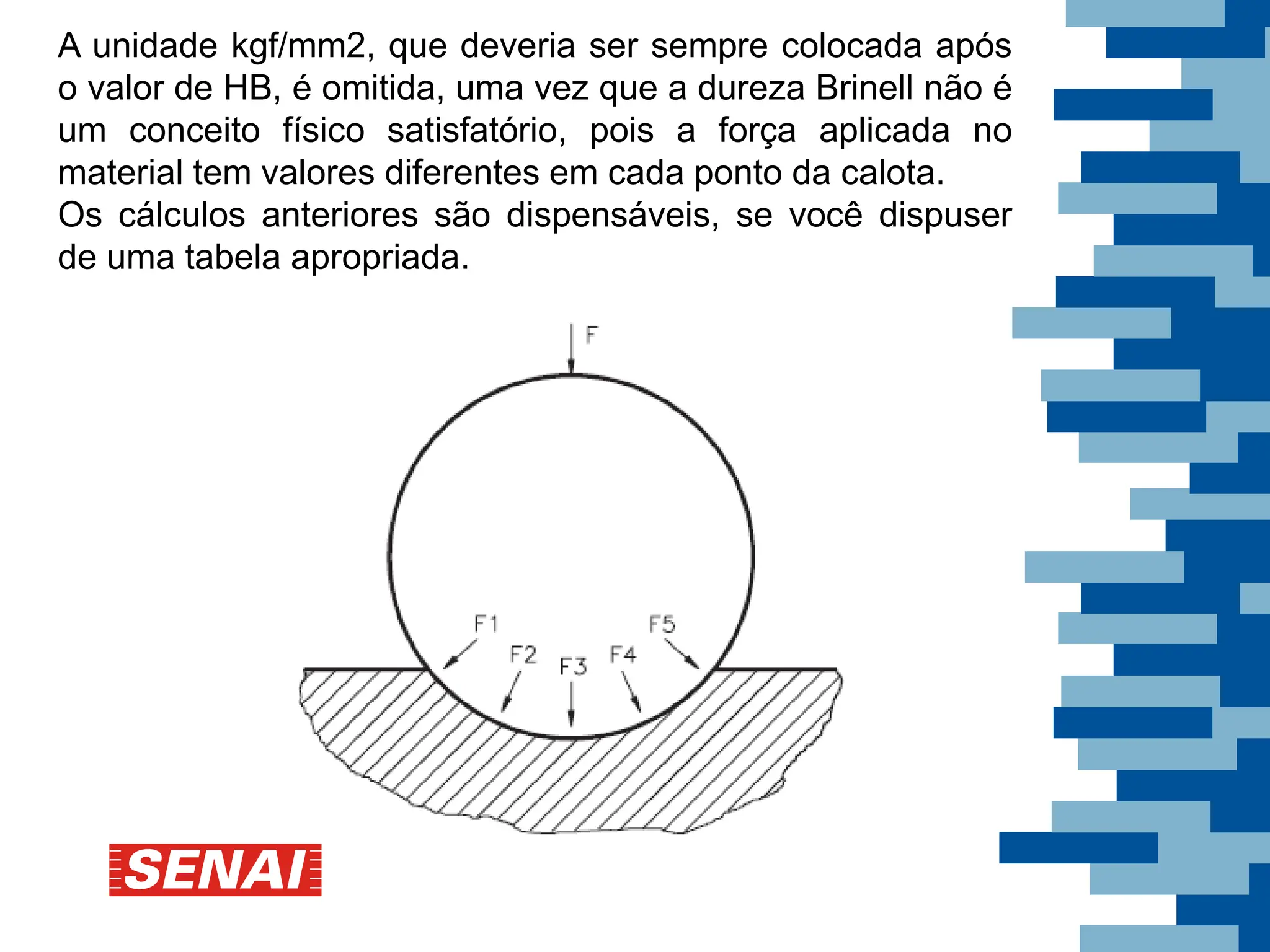A unidade kgf/mm2, que deveria ser sempre colocada após
o valor de HB, é omitida, uma vez que a dureza Brinell não é
um conceito físico satisfatório, pois a força aplicada no
material tem valores diferentes em cada ponto da calota.
Os cálculos anteriores são dispensáveis, se você dispuser
de uma tabela apropriada.
 