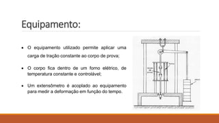 Equipamento:
 O equipamento utilizado permite aplicar uma
carga de tração constante ao corpo de prova;
 O corpo fica dentro de um forno elétrico, de
temperatura constante e controlável;
 Um extensômetro é acoplado ao equipamento
para medir a deformação em função do tempo.
 