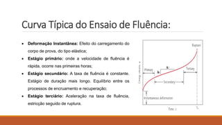 Curva Típica do Ensaio de Fluência:
 Deformação Instantânea: Efeito do carregamento do
corpo de prova, do tipo elástica;
 Estágio primário: onde a velocidade de fluência é
rápida, ocorre nas primeiras horas;
 Estágio secundário: A taxa de fluência é constante.
Estágio de duração mais longo. Equilíbrio entre os
processos de encruamento e recuperação;
 Estágio terciário: Aceleração na taxa de fluência,
estricção seguido de ruptura.
 