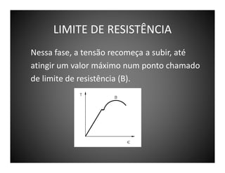 LIMITE DE RESISTÊNCIA
Nessa fase, a tensão recomeça a subir, até
atingir um valor máximo num ponto chamado
de limite de resistência (B).

 