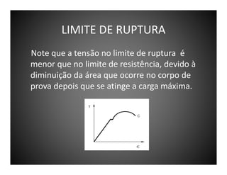 LIMITE DE RUPTURA
Note que a tensão no limite de ruptura é
menor que no limite de resistência, devido à
diminuição da área que ocorre no corpo de
prova depois que se atinge a carga máxima.

 