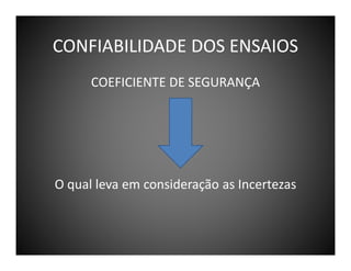 CONFIABILIDADE DOS ENSAIOS
COEFICIENTE DE SEGURANÇA

O qual leva em consideração as Incertezas

 