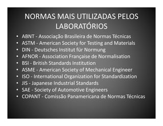 NORMAS MAIS UTILIZADAS PELOS
LABORATÓRIOS
•
•
•
•
•
•
•
•
•
•

ABNT - Associação Brasileira de Normas Técnicas
ASTM - American Society for Testing and Materials
DIN - Deutsches Institut für Normung
AFNOR - Association Française de Normalisation
BSI - British Standards Institution
ASME - American Society of Mechanical Engineer
ISO - International Organization for Standardization
JIS - Japanese Industrial Standards
SAE - Society of Automotive Engineers
COPANT - Comissão Panamericana de Normas Técnicas

 