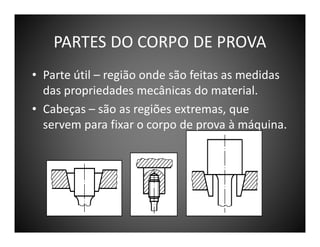 PARTES DO CORPO DE PROVA
• Parte útil – região onde são feitas as medidas
das propriedades mecânicas do material.
• Cabeças – são as regiões extremas, que
servem para fixar o corpo de prova à máquina.

 