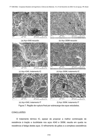 (a) Aço 4340 recozido (b) Aço 300M recozido
(c) Aço 4340, tratamento IC (d) Aço 300M, tratamento IC
(e) Aço 4340, tratamento IT (f) Aço 300M, tratamento IT
Figura 7. Região de ruptura final por sobrecarga dos aços estudados.
CONCLUSÕES
O tratamento térmico IC, apesar de propiciar a melhor combinação de
resistência à tração e ductilidade nos aços 4340 e 300M, resulta em queda na
resistência à fadiga destes aços. O refinamento de grãos e a complexa coexistência
17º CBECIMat - Congresso Brasileiro de Engenharia e Ciência dos Materiais, 15 a 19 de Novembro de 2006, Foz do Iguaçu, PR, Brasil.
6726
 
