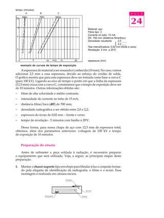 24
A U L A
A espessura do material a ser ensaiado é conhecida (10 mm). No caso, vamos
adicionar 2,5 mm a essa espessura, devido ao reforço do cordão de solda.
O gráfico mostra que para esta espessura deve ser tomada como base a curva C
(para 100 kV). Ligando ao eixo do tempo o ponto em que a linha da espessura
(12,5 mm) cruza com a curva C, constatamos que o tempo de exposição deve ser
de 10 minutos. Outras informações obtidas são:
- filme de alta velocidade e médio contraste;
- intensidade de corrente no tubo de 15 mA;
- distância filme/foco (dff) de 700 mm;
- densidade radiográfica a ser obtida entre 2,0 e 2,2;
- espessura do écran de 0,02 mm - frente e verso.
- tempo de revelação - 5 minutos com banho à 20ºC.
Dessa forma, para nossa chapa de aço com 12,5 mm de espessura total,
obtemos, além dos parâmetros anteriores: voltagem de 100 kV e tempo
de exposição de 10 minutos.
Preparação do ensaio
Antes de submeter a peça soldada à radiação, é necessário preparar
o equipamento que será utilizado. Veja, a seguir, as principais etapas desta
preparação.
1. Montar o chassi-suporte tipo envelope para blindar à luz o conjunto forma-
do pela etiqueta de identificação da radiografia, o filme e o écran. Essa
montagem é realizada em câmara escura.
{
tempo (minutos)
exemplo de curvas de tempo de exposição
Material: aço
Filme tipo: 3
Corrente no tubo: 15 mA
Dif.: 700 mm (distância filme/foco)
Densidade resultante: 2,0 ____
2,2 ___
Tela intensificadora: 0,02 mm frente e verso
Revelação: 5 min, a 20ºC
espessura (mm)
 