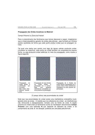 E N S A I O P O R U L T R A-S O M R i c a r d o A n d r e u c c i E d . J un. / 0 6 1 4
Propagação das Ondas Acústicas no Material
Campo Próximo ou Zona de Fresnel
Para o entendimento dos fenômenos que iremos descrever a seguir, imaginemos
que o cristal piezelétrico gerador de ondas ultra-sônicas , seja formado por infinitos
pontos oscilantes de forma que cada ponto produz ondas que se propagam no
meio.
Tal qual uma pedra que caindo num lago de águas calmas produzirá ondas
circulares na superfície, cada ponto do cristal também se comportará da mesma
forma, ou seja produzirá ondas esféricas no meio de propagação, como mostra a
figura seguinte.
Propagação de
ondas devido à
pertubação em
um ponto.
Não existe inter-
ferência ondula-
toria
Propagação de duas frentes
de ondas devido à
pertubação em 2 pontos.
Note uma pequena
interferência ondulatória na
zona próxima da pertubação
Propagação de 5 frentes de
ondas devido à pertubação em 5
pontos. Note a forte interferência
ondulatória na zona próxima da
pertubação
O campo sônico nas proximidades do cristal
Note que nas proximidades do cristal existe uma interferência ondulatória muito
grande entre as ondas. A medida que nos afastamos do cristal , as interferências
vão diminuindo e desaparecendo, tornado uma só frente de onda. À região
próxima do cristal onde os fenômenos acima se manifestam denomina-se Campo
Próximo com uma extensão N que depende do diâmetro do cristal, e do
comprimento de onda λ da vibração, podendo ser calculado pela fórmula:
 