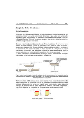 E N S A I O P O R U L T R A-S O M R i c a r d o A n d r e u c c i E d . J un. / 0 6 1 9
Geração das Ondas ultra-sônicas
Efeito Piezelétrico:
As ondas ultra-sônicas são geradas ou introduzidas no material através de um
elemento emissor com uma determinada dimensão e que vibra com uma certa
freqüência. Este emissor pode se apresentar com determinadas formas (circular,
retangular).Tanto o elemento emissor e receptor, são denominados transdutores,
também designados por cabeçotes.
Diversos materiais (cristais) apresentam o efeito piezelétrico. Se tomarmos uma
lâmina de certo formato (placa) e aplicarmos uma pressão sobre o mesmo,
surgem em sua superfície cargas elétricas. O efeito inverso também é verdadeiro:
se aplicarmos dois eletrodos sobre as faces opostas de uma placa de cristal
piezelétrico, de maneira que possamos carregar as faces eletricamente, a placa
comporta-se como se estivesse sobre pressão e diminui de espessura.
O cristal piezelétrico pode transformar a energia elétrica alternada em oscilação
mecânica e transformar a energia mecânica em elétrica .
cristal piezoeléctrico revestido
com prata metálica em ambos
os lados
contatos elétricos ~ 1000 V , AC
~ ~
emissão de um pulso elétrico
gerando um sinal no aparelho
de ultra-som
+++++++++++++++
cargas elétricas geradas
na superfície do cristal
vibrações mecânicas
Figura mostrando a contração e expansão do cristal quando submetido a uma alta tensão alternada na
mesma frequência ultra-sônica emitida pelo cristal. É um processo de transformação da energia elétrica
em energia mecânica e vice-versa
Tal fenômeno é obtido aplicando-se eletrodos no cristal piezelétrico com tensão
elétrica alternada da ordem de 1000 V, de maneira que o mesmo se contrai e se
estende ciclicamente. Se tentarmos impedir esse movimento a placa transmite
esforços de compressão as zonas adjacentes, emitindo uma onda longitudinal,
cuja forma depende da freqüência de excitação e das dimensões do cristal.
piezelétrico
corrente elétrica desligada corrente elétrica ligada
piezelétrico
corrente elétrica desligada corrente elétrica ligada
 