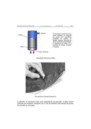 E N S A I O P O R U L T R A-S O M R i c a r d o A n d r e u c c i E d . J un. / 0 6 2 1
Transdutor Normal ou Reto
(foto extraída do catálogo Krautkramer)
O diâmetro do transdutor pode variar dependendo da aplicação. A figura acima
utiliza-se um transdutor miniatura com 5 mm de diâmetro para estudo de pontos
de corrosão de uma peça.
O transdutor normal tem sua
maior utilização na inspeção
de peças com superfícies
paralelas ou quando se
deseja detectar descontinui-
dade na direção perpendicular
à superfície da peça. É o
exemplo de chapas, fundidos
e forjados.
 