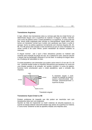 E N S A I O P O R U L T R A-S O M R i c a r d o A n d r e u c c i E d . J un. / 0 6 2 2
Transdutores Angulares:
A rigor, diferem dos transdutores retos ou normais pelo fato do cristal formar um
determinado ângulo com a superfície do material. O ângulo é obtido, inserindo
uma cunha de plástico entre o cristal piezelétrico e a superfície. A cunha pode ser
fixa, sendo então englobada pela carcaça ou intercambiável. Neste último caso
temos um transdutor normal que é preso com parafusos que fixam a cunha à
carcaça. Como na prática operamos normalmente com diversos ângulos (35, 45,
60, 70 e 80 graus) esta solução é mais econômica já que um único transdutor com
várias cunhas é de custo inferior, porem necessitam de maiores cuidados no
manuseio.
O ângulo nominal , sob o qual o feixe ultra-sônico penetra no material vale
somente para inspeção de peças em aço; se o material for outro, deve-se calcular
o ângulo real de penetração utilizando a Lei de Snell. A mudança do ângulo deve-
se à mudança de velocidade no meio.
O cristal piezelétrico com dimensões que podem variar entre 8 x 9 mm até 15 x 20
mm , somente recebe ondas ou impulsos ultra-sônicos que penetram na cunha em
uma direção paralela à de emissão, em sentido contrário. A cunha de plástico
funciona como amortecedor para o cristal piezelétrico, após a emissão dos
impulsos.
conector
cristal
sapata de acrílico
carcaça
Transdutor angular
Transdutores Duplo-Cristal ou SE
Existem problemas de inspeção que não podem ser resolvidos nem com
transdutores retos nem com angulares.
Quando se trata de inspecionar ou medir materiais de reduzida espessura, ou
quando se deseja detectar descontinuidades logo abaixo da superfície do material,
a “zona morta” existente na tela do aparelho impede uma resposta clara.
O transdutor angular é muito
utilizado na inspeção de soldas e
quando a descontinuidade está
orientada perpendicularmente à
superfície da peça.
 