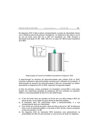 E N S A I O P O R U L T R A-S O M R i c a r d o A n d r e u c c i E d . J un. / 0 6 2 8
No diagrama AVG é feita a leitura correspondente a queda da intensidade sônica
com a distância percorrida devido à divergência, no diagrama é lido sobre a curva
do eco de fundo para 200 mm e 400 mm resultando em -6dB. Portanto a
atenuação será igual a 8 dB - 6dB / 200 mm, ou seja 0,01 dB/mm para frequência
de 2 MHz.
80%
8 dB
100 mm
Determinação do Tamanho do Refletor Equivalente no Diagrama DGS
A determinação do tamanho de descontinuidades pelo método AVG ou DGS
somente é aplicável a descontinuidades menores que o diâmetro do transdutor. A
determinação do tamanho da descontinuidade é feita por comparação ao refletor
equivalente no diagrama AVG ou DGS, seguindo as seguintes etapas:
A título de exemplo, vamos considerar um transdutor normal B2S e uma peça
forjada com superfícies paralelas de espessura 250 mm contendo um pequeno
refletor a uma profundidade de 200 mm a ser determinado.
a) O eco de fundo deve ser ajustado de forma que sua altura esteja a 80% da
altura da tela, numa região da peça isenta de descontinuidades ;
b) O transdutor deve ser posicionado sobre a descontinuidade, e o eco
correspondente deve ser maximizado;
c) Com auxílio do controle de ganho, deve ser feita a leitura em “dB” da diferença
entre o eco da descontinuidade e o de fundo a 80% da tela. Vamos considerar
a título de exemplo +14 dB;
d) No diagrama AVG do transdutor B2S levanta-se uma perpendicular na
profundidade de 250 mm até encontrar a curva do eco de fundo no diagrama ;
 