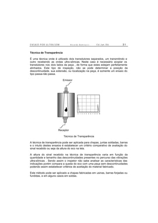 E N S A I O P O R U L T R A-S O M R i c a r d o A n d r e u c c i E d . J un. / 0 6 3 1
Técnica de Transparência
É uma técnica onde é utilizado dois transdutores separados, um transmitindo e
outro recebendo as ondas ultra-sônicas. Neste caso é necessário acoplar os
transdutores nos dois lados da peça , de forma que estes estejam perfeitamente
alinhados. Este tipo de inspeção, não se pode determinar a posição da
descontinuidade, sua extensão, ou localização na peça, é somente um ensaio do
tipo passa-não passa.
Emissor
0 1 2 3 4 5 6 7 8 9 10
A
B
C
D
E
Receptor
Técnica de Transparência
A técnica de transparência pode ser aplicada para chapas, juntas soldadas, barras
e o intuito destes ensaios é estabelecer um critério comparativo de avaliação do
sinal recebido ou seja da altura do eco na tela.
A altura do sinal recebido na técnica de transparência varia em função da
quantidade e tamanho das descontinuidades presentes no percurso das vibrações
ultra-sônicas . Sendo assim o inspetor não sabe analisar as características das
indicações porém compara a queda do eco com uma peça sem descontinuidades
podendo assim estabelecer critérios de aceitação do material fabricado.
Este método pode ser aplicado a chapas fabricadas em usinas, barras forjadas ou
fundidas, e em alguns casos em soldas.
 