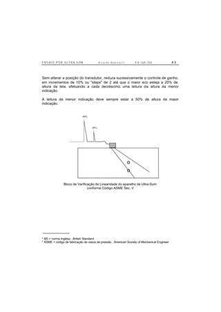 E N S A I O P O R U L T R A-S O M R i c a r d o A n d r e u c c i E d . J un. / 0 6 4 3
Sem alterar a posição do transdutor, reduza sucessivamente o controle de ganho,
em incrementos de 10% ou "steps" de 2 até que o maior eco esteja a 20% de
altura da tela, efetuando a cada decréscimo uma leitura da altura da menor
indicação.
A leitura da menor indicação deve sempre estar a 50% de altura da maior
indicação.
o
o
80%
40%
Bloco de Verificação da Linearidade do aparelho de Ultra-Som
conforme Código ASME Sec. V
* BS = norma Inglesa , British Standard
* ASME = código de fabricação de vasos de pressão , American Society of Mechanical Engineer
 