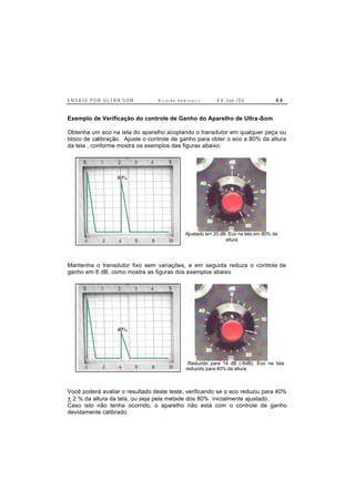 E N S A I O P O R U L T R A-S O M R i c a r d o A n d r e u c c i E d . J un. / 0 6 4 4
Exemplo de Verificação do controle de Ganho do Aparelho de Ultra-Som
Obtenha um eco na tela do aparelho acoplando o transdutor em qualquer peça ou
bloco de calibração. Ajuste o controle de ganho para obter o eco a 80% da altura
da tela , conforme mostra os exemplos das figuras abaixo.
Ajustado em 20 dB. Eco na tela em 80% da
altura
Mantenha o transdutor fixo sem variações, e em seguida reduza o controle de
ganho em 6 dB, como mostra as figuras dos exemplos abaixo
Reduzido para 14 dB (-6dB). Eco na tela
reduzido para 40% da altura.
Você poderá avaliar o resultado deste teste, verificando se o eco reduziu para 40%
+ 2 % da altura da tela, ou seja pela metade dos 80% inicialmente ajustado.
Caso isto não tenha ocorrido, o aparelho não está com o controle de ganho
devidamente calibrado.
80%
40%
 