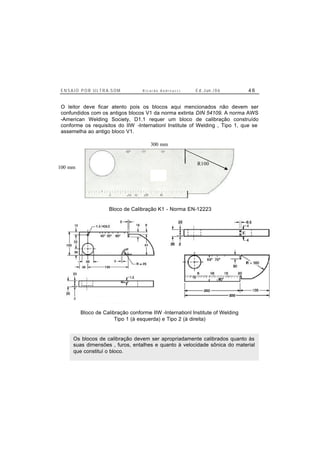 E N S A I O P O R U L T R A-S O M R i c a r d o A n d r e u c c i E d . J un. / 0 6 4 6
O leitor deve ficar atento pois os blocos aqui mencionados não devem ser
confundidos com os antigos blocos V1 da norma extinta DIN 54109. A norma AWS
-American Welding Society, D1.1 requer um bloco de calibração construído
conforme os requisitos do IIW -Internationl Institute of Welding , Tipo 1, que se
assemelha ao antigo bloco V1.
Bloco de Calibração K1 - Norma EN-12223
Bloco de Calibração conforme IIW -Internationl Institute of Welding
Tipo 1 (à esquerda) e Tipo 2 (à direita)
Os blocos de calibração devem ser apropriadamente calibrados quanto às
suas dimensões , furos, entalhes e quanto à velocidade sônica do material
que constituí o bloco.
100 mm
300 mm
R100
 
