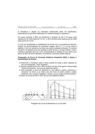 E N S A I O P O R U L T R A-S O M R i c a r d o A n d r e u c c i E d . J un. / 0 6 5 3
A freqüência e ângulo do transdutor selecionado pode ser significativo,
dependendo da estrutura metalúrgica do material ensaiado e espessura.
Em geral utiliza-se 4 MHz de freqüência e ângulos de 60 e 70 graus para
espessuras do metal base até 15 mm ; e 45 e 60 graus para espessuras de metal
base acima de 15 mm
A curva de sensibilidade é estabelecida de acordo com o procedimento descrito,
através do posicionamento do transdutor angular (pos.1,2 ,3 e 4) de modo a
detectar o furo de referência do bloco nas quatro posições indicadas. O controle
de ganho do aparelho deve ser ajustado a partir da pos.1 da figura abaixo, onde o
controle é ajustado até que o eco correspondente à reflexão do furo tenha uma
altura de 80% da tela do aparelho. Acompanhe o processo abaixo descrito:
Preparação da Curva de Correção Distância Amplitude (DAC) e Ajuste a
Sensibilidade do Ensaio
a) Posicionar o transdutor sobre o bloco padrão de modo a obter resposta do
furo que apresentar maior amplitude ;
b) Ajustar a amplitude do eco a 80% da altura da tela. Este ganho é denominado
“Ganho Primário-Gp” da curva de referência (DAC).
c) Para completar a curva de referência e, sem alterar o ganho, posicionar o
transdutor de forma a se obter ecos dos furos do bloco padrão a várias
distâncias, até o alcance desejado, e traçar a curva unindo os pontos obtidos.
d)Traçar as curvas de 50% e 20% da curva de referência (DAC).
1 2 34 56
1
2
3
4
5
6
Traçagem da Curva de Referência ou Curva DAC
 