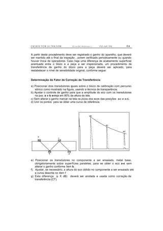 E N S A I O P O R U L T R A-S O M R i c a r d o A n d r e u c c i E d . J un. / 0 6 5 4
A partir deste procedimento deve ser registrado o ganho do aparelho, que deverá
ser mantido até o final da inspeção , porem verificado periodicamente ou quando
houver troca de operadores. Caso haja uma diferença de acabamento superficial
acentuada entre o bloco e a peça a ser inspecionada, um procedimento de
transferência de ganho do bloco para a peça deverá ser aplicado, para
restabelecer o nível de sensibilidade original, conforme segue:
Determinação do Fator de Correção da Transferência
a) Posicionar dois transdutores iguais sobre o bloco de calibração com percurso
sônico como mostrado na figura, usando a técnica de transparência.
b) Ajustar o controle de ganho para que a amplitude do eco com os transdutores
na pos. a e b esteja em 80% da altura da tela.
c) Sem alterar o ganho marcar na tela os picos dos ecos das posições a-c e a-d.
d) Unir os pontos para se obter uma curva de referência.
a
ab
ac
ad
b
c
d
e) Posicionar os transdutores no componente a ser ensaiado, metal base,
obrigatoriamente sobre superfícies paralelas, para se obter o eco a-c sem
alterar o ganho conforme ítem b.
f) Ajustar, se necessário, a altura do eco obtido no componente a ser ensaiado até
a curva descrita no ítem f
g) Esta diferença (± X dB) deverá ser anotada e usada como correção de
transferência (CT).
 