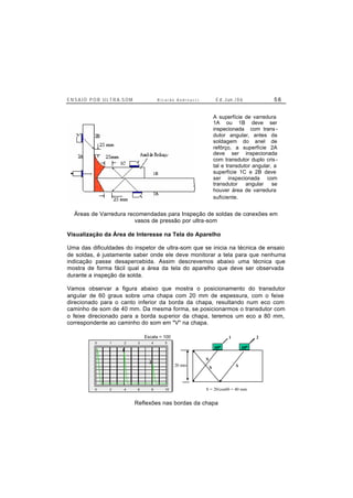 E N S A I O P O R U L T R A-S O M R i c a r d o A n d r e u c c i E d . J un. / 0 6 5 6
Áreas de Varredura recomendadas para Inspeção de soldas de conexões em
vasos de pressão por ultra-som
Visualização da Área de Interesse na Tela do Aparelho
Uma das dificuldades do inspetor de ultra-som que se inicia na técnica de ensaio
de soldas, é justamente saber onde ele deve monitorar a tela para que nenhuma
indicação passe desapercebida. Assim descrevemos abaixo uma técnica que
mostra de forma fácil qual a área da tela do aparelho que deve ser observada
durante a inspeção da solda.
Vamos observar a figura abaixo que mostra o posicionamento do transdutor
angular de 60 graus sobre uma chapa com 20 mm de espessura, com o feixe
direcionado para o canto inferior da borda da chapa, resultando num eco com
caminho de som de 40 mm. Da mesma forma, se posicionarmos o transdutor com
o feixe direcionado para a borda superior da chapa, teremos um eco a 80 mm,
correspondente ao caminho do som em "V" na chapa.
0 2 4 6 8 10
0 1 2 3 4 5
1 2
20 mm
600600
S = 20/cos60 = 40 mm
Escala = 100
1
2
SS
S
Reflexões nas bordas da chapa
A superfície de varredura
1A ou 1B deve ser
inspecionada com trans -
dutor angular, antes da
soldagem do anel de
refôrço, a superfície 2A
deve ser inspecionada
com transdutor duplo cris -
tal e transdutor angular, a
superfície 1C e 2B deve
ser inspecionada com
transdutor angular se
houver área de varredura
suficiente.
 