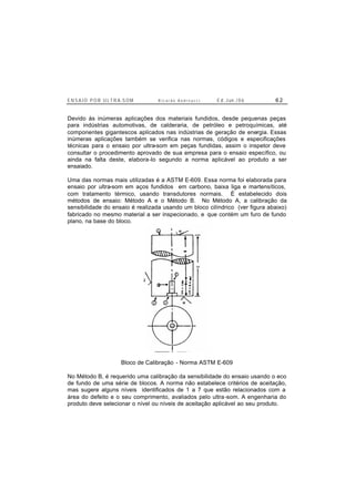 E N S A I O P O R U L T R A-S O M R i c a r d o A n d r e u c c i E d . J un. / 0 6 6 2
Devido às inúmeras aplicações dos materiais fundidos, desde pequenas peças
para indústrias automotivas, de calderaria, de petróleo e petroquímicas, até
componentes gigantescos aplicados nas indústrias de geração de energia. Essas
inúmeras aplicações também se verifica nas normas, códigos e especificações
técnicas para o ensaio por ultra-som em peças fundidas, assim o inspetor deve
consultar o procedimento aprovado de sua empresa para o ensaio específico, ou
ainda na falta deste, elabora-lo segundo a norma aplicável ao produto a ser
ensaiado.
Uma das normas mais utilizadas é a ASTM E-609. Essa norma foi elaborada para
ensaio por ultra-som em aços fundidos em carbono, baixa liga e martensíticos,
com tratamento térmico, usando transdutores normais. É estabelecido dois
métodos de ensaio: Método A e o Método B. No Método A, a calibração da
sensibilidade do ensaio é realizada usando um bloco cilíndrico (ver figura abaixo)
fabricado no mesmo material a ser inspecionado, e que contém um furo de fundo
plano, na base do bloco.
Bloco de Calibração - Norma ASTM E-609
No Método B, é requerido uma calibração da sensibilidade do ensaio usando o eco
de fundo de uma série de blocos. A norma não estabelece critérios de aceitação,
mas sugere alguns níveis identificados de 1 a 7 que estão relacionados com a
área do defeito e o seu comprimento, avaliados pelo ultra-som. A engenharia do
produto deve selecionar o nível ou níveis de aceitação aplicável ao seu produto.
 