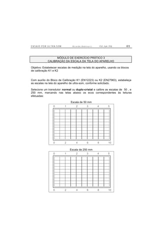 E N S A I O P O R U L T R A-S O M R i c a r d o A n d r e u c c i E d . J un. / 0 6 6 5
MÓDULO DE EXERCÍCIO PRÁTICO 3
CALIBRAÇÃO DA ESCALA DA TELA DO APARELHO
Objetivo: Estabelecer escalas de medição na tela do aparelho, usando os blocos
de calibração K1 e K2
Com auxílio do Bloco de Calibração K1 (EN12223) ou K2 (EN27963), estabeleça
as escalas na tela do aparelho de ultra-som, conforme solicitado.
Selecione um transdutor normal ou duplo-cristal e calibre as escalas de 50 , e
250 mm, marcando nas telas abaixo os ecos correspondentes às leituras
efetuadas:
Escala de 50 mm
0 2 4 6 8 10
0 1 2 3 4 5
Escala de 250 mm
0 2 4 6 8 10
0 1 2 3 4 5
 