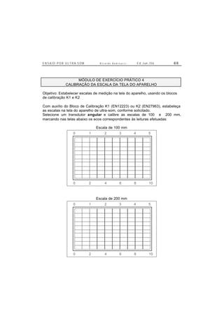 E N S A I O P O R U L T R A-S O M R i c a r d o A n d r e u c c i E d . J un. / 0 6 6 6
MÓDULO DE EXERCÍCIO PRÁTICO 4
CALIBRAÇÃO DA ESCALA DA TELA DO APARELHO
Objetivo: Estabelecer escalas de medição na tela do aparelho, usando os blocos
de calibração K1 e K2
Com auxílio do Bloco de Calibração K1 (EN12223) ou K2 (EN27963), estabeleça
as escalas na tela do aparelho de ultra-som, conforme solicitado.
Selecione um transdutor angular e calibre as escalas de 100 e 200 mm,
marcando nas telas abaixo os ecos correspondentes às leituras efetuadas:
Escala de 100 mm
0 2 4 6 8 10
0 1 2 3 4 5
Escala de 200 mm
0 2 4 6 8 10
0 1 2 3 4 5
 