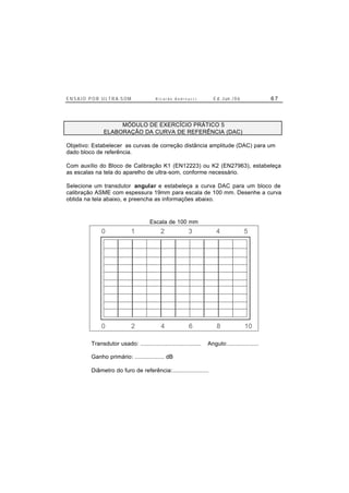 E N S A I O P O R U L T R A-S O M R i c a r d o A n d r e u c c i E d . J un. / 0 6 6 7
MÓDULO DE EXERCÍCIO PRÁTICO 5
ELABORAÇÃO DA CURVA DE REFERÊNCIA (DAC)
Objetivo: Estabelecer as curvas de correção distância amplitude (DAC) para um
dado bloco de referência.
Com auxílio do Bloco de Calibração K1 (EN12223) ou K2 (EN27963), estabeleça
as escalas na tela do aparelho de ultra-som, conforme necessário.
Selecione um transdutor angular e estabeleça a curva DAC para um bloco de
calibração ASME com espessura 19mm para escala de 100 mm. Desenhe a curva
obtida na tela abaixo, e preencha as informações abaixo.
Escala de 100 mm
0 2 4 6 8 10
0 1 2 3 4 5
Transdutor usado: ..................................... Angulo:...................
Ganho primário: .................. dB
Diâmetro do furo de referência:......................
 