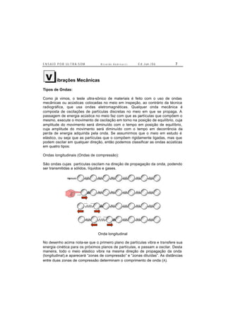 E N S A I O P O R U L T R A-S O M R i c a r d o A n d r e u c c i E d . J un. / 0 6 7
ibrações Mecânicas
Tipos de Ondas:
Como já vimos, o teste ultra-sônico de materiais é feito com o uso de ondas
mecânicas ou acústicas colocadas no meio em inspeção, ao contrário da técnica
radiográfica, que usa ondas eletromagnéticas. Qualquer onda mecânica é
composta de oscilações de partículas discretas no meio em que se propaga. A
passagem de energia acústica no meio faz com que as partículas que compõem o
mesmo, execute o movimento de oscilação em torno na posição de equilíbrio, cuja
amplitude do movimento será diminuído com o tempo em posição de equilíbrio,
cuja amplitude do movimento será diminuído com o tempo em decorrência da
perda de energia adquirida pela onda. Se assumirmos que o meio em estudo é
elástico, ou seja que as partículas que o compõem rigidamente ligadas, mas que
podem oscilar em qualquer direção, então podemos classificar as ondas acústicas
em quatro tipos:
Ondas longitudinais (Ondas de compressão):
São ondas cujas partículas oscilam na direção de propagação da onda, podendo
ser transmitidas a sólidos, líquidos e gases.
Onda longitudinal
No desenho acima nota-se que o primeiro plano de partículas vibra e transfere sua
energia cinética para os próximos planos de partículas, e passam a oscilar. Desta
maneira, todo o meio elástico vibra na mesma direção de propagação da onda
(longitudinal),e aparecerá “zonas de compressão” e “zonas diluídas”. As distâncias
entre duas zonas de compressão determinam o comprimento de onda (λ).
V
 