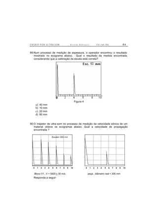 E N S A I O P O R U L T R A-S O M R i c a r d o A n d r e u c c i E d . J un. / 0 6 8 4
89.Num processo de medição de espessura, o operador encontrou o resultado
mostrado no ecograma abaixo. Qual o resultado da medida encontrada,
considerando que a calibração da escala está correta?
Figura 4
a) 40 mm
b) 10 mm
c) 20 mm
d) 80 mm
90.O inspetor de ultra-som no processo de medição da velocidade sônica de um
material obteve os ecogramas abaixo. Qual a velocidade de propagação
encontrada ?
0 1 2 3 4 5 6 7 8 9 10
A
B C
D
E
0 1 2 3 4 5 6 7 8 9 10
A
B C
D
E
Bloco V1 , V = 5920 + 30 m/s peça , diâmetro real = 300 mm
Escala= 500 mm
Responda a seguir:
 