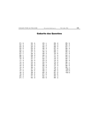 E N S A I O P O R U L T R A-S O M R i c a r d o A n d r e u c c i E d . J un. / 0 6 8 8
Gabarito das Questões
01- b 22- b 43- c 64- d 85- b
02- a 23- d 44- a 65- d 86- d
03- d 24- d 45- c 66- d 87- c
04- b 25- b 46- d 67- a 88- a
05- c 26- b 47- c 68- c 89- c
06- b 27- d 48- d 69- c 90- b
07- c 28- a 49- a 70- b 91- d
08- c 29- d 50- c 71- a 92- c
09- a 30- a 51- b 72- a 93- b
10- d 31- c 52- c 73- a 94- c
11- a 32- d 53- b 74- a 95- d
12- a 33- a 54- b 75- d 96- c
13- d 34- d 55- c 76- b 97- b
14- d 35- d 56- d 77- d 98- b
15- d 36- c 57- b 78- c 99- c
16- c 37- d 58- c 79- b 100- d
17- b 38- b 59- c 80- a 101- d
18- a 39- a 60- d 81- a 102- a
19- d 40- b 61- b 82- b
20- a 41- b 62- c 83- d
21- c 42- d 63- b 84- a
 