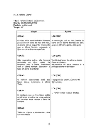 5.7.1 Roteiro Literal

Título: Fortalecendo os seus direitos
Cliente: SINTRACOMP/RN
Espécie: Institucional
Tempo: 30”

                    VÍDEO                                    ÁUDIO

    CENA 1                                   LOC (OFF)

    O vídeo inicia mostrando três homens A construção civil no Rio Grande do
    passando um tijolo de mão em mão, Norte cresce acima da média do país,
    da direita para a esquerda, finalizando gerando otimismo para a categoria.
    com o último homem colocando o
    tijolo em cima de uma superfície.


    CENA 2                                   LOC (OFF)

    São mostrados outros três homens         Você trabalhador, é o alicerce desse
    passando um tijolo, agora da             Desenvolvimento.
    esquerda para a direita, finalizando     Representar os seus direitos é a
    com o último homem colocando o           principal tarefa do sindicato.
    tijolo em cima do anterior.


    CENA 3                                   LOC (OFF)

    O homem posicionado atrás dos Faça parte do SINTRACOMP/RN.
    tijolos coloca lentamente o último Com união...
    Tijolo.

                                             LOC (OFF)
    CENA 4
                                             ... Fortalecemos os seus direitos.
    É mostrado que os três tijolos estão
    empilhados em cima de uma carteira
    de trabalho, esta recebe o foco da
    câmera.


    CENA 5

    Todos os objetos e pessoas em cena
    são mostrados.



                                        18
 