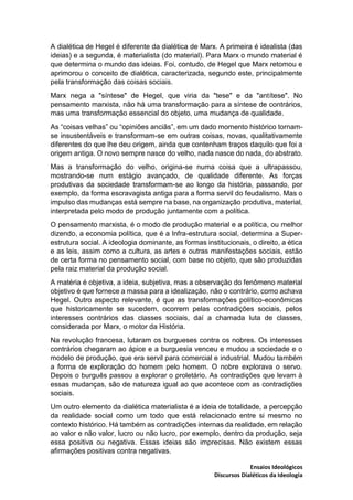 Ensaios Ideológicos
Discursos Dialéticos da Ideologia
A dialética de Hegel é diferente da dialética de Marx. A primeira é ...