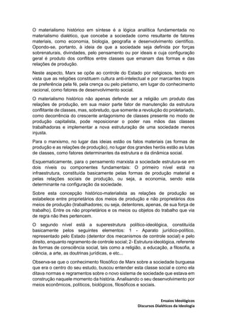 Ensaios Ideológicos
Discursos Dialéticos da Ideologia
O materialismo histórico em síntese é a lógica analítica fundamentad...