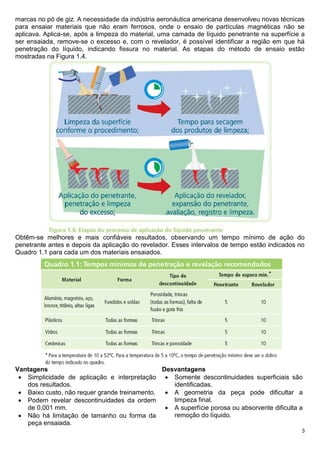 3
marcas no pó de giz. A necessidade da indústria aeronáutica americana desenvolveu novas técnicas
para ensaiar materiais que não eram ferrosos, onde o ensaio de partículas magnéticas não se
aplicava. Aplica-se, após a limpeza do material, uma camada de líquido penetrante na superfície a
ser ensaiada, remove-se o excesso e, com o revelador, é possível identificar a região em que há
penetração do líquido, indicando fissura no material. As etapas do método de ensaio estão
mostradas na Figura 1.4.
Obtêm-se melhores e mais confiáveis resultados, observando um tempo mínimo de ação do
penetrante antes e depois da aplicação do revelador. Esses intervalos de tempo estão indicados no
Quadro 1.1 para cada um dos materiais ensaiados.
Vantagens
 Simplicidade de aplicação e interpretação
dos resultados.
 Baixo custo, não requer grande treinamento.
 Podem revelar descontinuidades da ordem
de 0,001 mm.
 Não há limitação de tamanho ou forma da
peça ensaiada.
Desvantagens
 Somente descontinuidades superficiais são
identificadas.
 A geometria da peça pode dificultar a
limpeza final.
 A superfície porosa ou absorvente dificulta a
remoção do líquido.
 