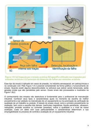 8
Esse tipo de ensaio é aplicado em vasos de pressão, na indústria aeroespacial, em petroquímicas e
na construção civil. Pela Figura 1.8 é possível compreender de forma gráfica o funcionamento do
ensaio. Quando existir alguma descontinuidade na estrutura que estiver sendo tensionada, serão
geradas ondas que são percebidas pelo sensor. Esses sinais são processados e mostrados na
Figura 1.8(c).
O conhecimento dos ensaios não destrutivos é fundamental para o profissional de manutenção
industrial. Conhecer seus tipos e características ajuda no momento da escolha do melhor
procedimento a ser adotado na manutenção de um equipamento ou na automação da verificação da
qualidade de um trabalho ou produto. O estudo do ensaio visual, como o primeiro procedimento na
avaliação, bem como a escolha dos demais: (partículas magnéticas, líquido penetrante, ultrassom,
radiografia, emissão acústica ou correntes parasitas), indica a qualidade e o nível de nossa
avaliação. Cada um deles com suas particularidades e características determinam a sua
empregabilidade no processo de controle e avaliação de um equipamento industrial.
 