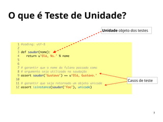 O que é Teste de Unidade?
1 #coding: utf-8	
2 	
3 def saudar(nome):	
4 return u'Olá, %s.' % nome	
5 	
6 	
7 # garantir que o nome do fulano passado como	
8 # argumento seja utilizado na saudação	
9 assert saudar('Gustavo') == u'Olá, Gustavo.'	
10 	
11 # garantir que seja retornado um objeto unicode	
12 assert isinstance(saudar('foo'), unicode)	
Unidade objeto dos testes
Casos de teste
5
 