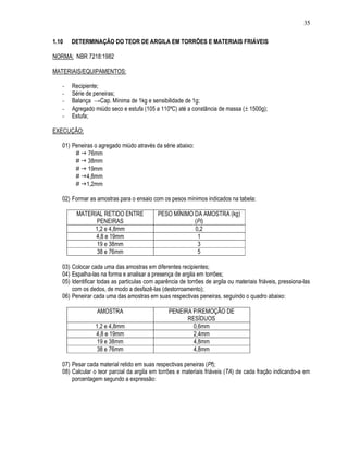 35

1.10   DETERMINAÇÃO DO TEOR DE ARGILA EM TORRÕES E MATERIAIS FRIÁVEIS

NORMA: NBR 7218:1982

MATERIAIS/EQUIPAMENTOS:

   -   Recipiente;
   -   Série de peneiras;
   -   Balança →Cap. Mínima de 1kg e sensibilidade de 1g;
   -   Agregado miúdo seco e estufa (105 a 110ºC) até a constância de massa (± 1500g);
   -   Estufa;

EXECUÇÃO:

   01) Peneiras o agregado miúdo através da série abaixo:
        # 76mm
        # 38mm
        # 19mm
        # 4,8mm
        # 1,2mm

   02) Formar as amostras para o ensaio com os pesos mínimos indicados na tabela:

         MATERIAL RETIDO ENTRE              PESO MÍNIMO DA AMOSTRA (kg)
               PENEIRAS                                 (Pi)
              1,2 e 4,8mm                               0,2
               4,8 e 19mm                                1
               19 e 38mm                                 3
               38 e 76mm                                 5

   03) Colocar cada uma das amostras em diferentes recipientes;
   04) Espalha-las na forma e analisar a presença de argila em torrões;
   05) Identificar todas as partículas com aparência de torrões de argila ou materiais friáveis, pressiona-las
       com os dedos, de modo a desfazê-las (destorroamento);
   06) Peneirar cada uma das amostras em suas respectivas peneiras, seguindo o quadro abaixo:

                  AMOSTRA                        PENEIRA P/REMOÇÃO DE
                                                       RESÍDUOS
                 1,2 e 4,8mm                             0,6mm
                 4,8 e 19mm                              2,4mm
                  19 e 38mm                              4,8mm
                  38 e 76mm                              4,8mm

   07) Pesar cada material retido em suas respectivas peneiras (Pf);
   08) Calcular o teor parcial da argila em torrões e materiais friáveis (TA) de cada fração indicando-a em
       porcentagem segundo a expressão:
 