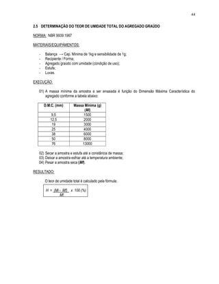 44

2.5 DETERMINAÇÃO DO TEOR DE UMIDADE TOTAL DO AGREGADO GRAÚDO

NORMA: NBR 9939:1987

MATERIAIS/EQUIPAMENTOS:

   -   Balança → Cap. Mínima de 1kg e sensibilidade de 1g;
   -   Recipiente / Forma;
   -   Agregado graúdo com umidade (condição de uso);
   -   Estufa;
   -   Luvas.

EXECUÇÃO:

   01) A massa mínima da amostra a ser ensaiada é função do Dimensão Máxima Característica do
       agregado conforme a tabela abaixo:

       D.M.C. (mm)        Massa Mínima (g)
                                (Mi)
           9,5                 1500
          12,5                 2000
           19                  3000
           25                  4000
           38                  6000
           50                  8000
           76                 13000

   02) Secar a amostra e estufa até a constância de massa;
   03) Deixar a amostra esfriar até a temperatura ambiente;
   04) Pesar a amostra seca (Mf).

RESULTADO:

       O teor de umidade total é calculado pela fórmula:

        H = (Mi - Mf) x 100 (%)
                Mf
 