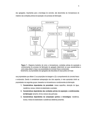 8



dos agregados, importantes para a tecnologia do concreto, são decorrentes da microestrutura do
material, das condições prévias de exposição e do processo de fabricação.


                                               ROCHA MATRIZ



                     Exposição prévia                                 MICROESTRUTURA

                     e condicionantes

                                                     Porosidade / Mas. Esp.          Composição
                                                                                     Mineralógica

                         Características
                          da partícula

                           Tamanho                                             Resistência à compressão
                            Forma                                               Resistência a abrasão
                            Textura                                             Módulo de elasticidade
                                                                                       Sanidade



                                                 Propriedades do               Propriedades do concreto
                                                 concreto fresco                      endurecido
                          Dosagem do
                           Concreto             1 Consistência                1 Limite de resistência
                                                2 Coesão                      2 Resistência à abrasão
                                                3 Massa Específica            3 Estabilidade dimensional
                                                                              4 Durabilidade




        Figura 1 - Diagrama ilustrativo de como a microestrutura, condições prévias de exposição e
        condicionantes do processo de fabricação do agregado determinam as suas características e
        como estas afetam o traço e as propriedades do concreto fresco e endurecido.
       Geralmente, as propriedades dos agregados são discutidas em duas partes com base


nas propriedades que afetam (1) as proporções de dosagem e (2) o comportamento do concreto fresco
e endurecido. Devido à considerável sobreposição dos dois aspectos, é mais apropriado dividir as
propriedades nos seguintes grupos, baseados na microestrutura e condicionantes de fabricação:
       1. Características dependentes da porosidade: massa especifica, absorção de água,
           resistência, dureza, módulo de elasticidade e sanidade;
       2. Características dependentes das condições prévias de exposição e condicionantes
           de fabricação: tamanho, forma e textura das partículas;
       3. Características dependentes da composição química e mineralógica: resistência,
           dureza, módulo de elasticidade e substâncias deletérias presentes.
 