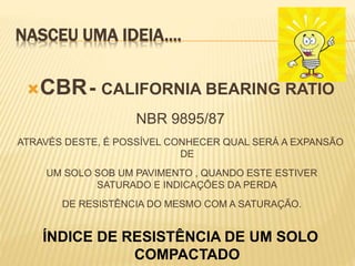 NASCEU UMA IDEIA....
CBR- CALIFORNIA BEARING RATIO
NBR 9895/87
ATRAVÉS DESTE, É POSSÍVEL CONHECER QUAL SERÁ A EXPANSÃO
DE
UM SOLO SOB UM PAVIMENTO , QUANDO ESTE ESTIVER
SATURADO E INDICAÇÕES DA PERDA
DE RESISTÊNCIA DO MESMO COM A SATURAÇÃO.
ÍNDICE DE RESISTÊNCIA DE UM SOLO
COMPACTADO
 
