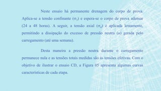 Neste ensaio há permanente drenagem do corpo de prova.
Aplica-se a tensão confinante (3) e espera-se o corpo de prova adensar
(24 a 48 horas). A seguir, a tensão axial (d) é aplicada lentamente,
permitindo a dissipação do excesso de pressão neutra (u) gerada pelo
carregamento (até uma semana).
Desta maneira a pressão neutra durante o carregamento
permanece nula e as tensões totais medidas são às tensões efetivas. Com o
objetivo de ilustrar o ensaio CD, a Figura 05 apresenta algumas curvas
características de cada etapa.
 