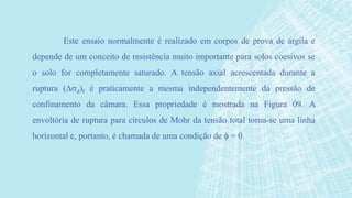 Este ensaio normalmente é realizado em corpos de prova de argila e
depende de um conceito de resistência muito importante para solos coesivos se
o solo for completamente saturado. A tensão axial acrescentada durante a
ruptura (d)f é praticamente a mesma independentemente da pressão de
confinamento da câmara. Essa propriedade é mostrada na Figura 09. A
envoltória de ruptura para círculos de Mohr da tensão total torna-se uma linha
horizontal e, portanto, é chamada de uma condição de  = 0.
 