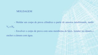 - Moldar um corpo de prova cilíndrico a partir de amostra indeformada; medir
V0 e H0.
- Envolver o corpo de prova com uma membrana de látex, instalar na câmara e
encher a câmara com água.
MOLDAGEM
 