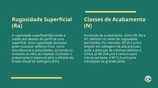 Rugosidade Superficial
(Ra)
Classes de Acabamento
(N)
A rugosidade superficial (Ra) mede a
média dos desvios do perfil de uma
superfície. Uma rugosidade excessiva
pode mascarar defeitos finos, como
microfissuras e porosidades, tornando-os
invisíveis ao olho do inspetor. Controlar o
acabamento é essencial para a eficácia do
Ensaio Visual de Soldagem (EVS).
As classes de acabamento, como N5, N6 e
N7, definem os níveis de rugosidade
permitidos. Por exemplo, N5 (0,3 µm) é
exigido em soldagens de alta precisão,
onde a detecção de mínimos defeitos é
crítica. Já N6 (0,8 µm) é comum para
estruturas leves, e N7 (1,6 µm) para
tubulações de grande porte.
 