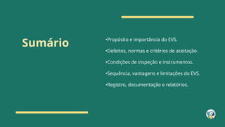 Sumário •Propósito e importância do EVS.
•Defeitos, normas e critérios de aceitação.
•Condições de inspeção e instrumentos.
•Sequência, vantagens e limitações do EVS.
•Registro, documentação e relatórios.
 