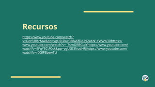 Recursos
https://www.youtube.com/watch?
v=GerfLl8srMw&pp=ygURI2luc3Blw6fDo292aXN1YWw%3Dhttps://
www.youtube.com/watch?v=_7smQRBGuJYhttps://www.youtube.com/
watch?v=EFqY3CtF0sk&pp=ygUGI3NudHRjhttps://www.youtube.com/
watch?v=r0GlPSbewTU
 