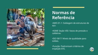 Normas de
Referência
•AWS D1.1: Soldagem de estruturas de
aço.
•ASME Seção VIII: Vasos de pressão e
caldeiras.
•ISO 5817: Níveis de qualidade para
soldas.
•Função: Padronizam critérios de
inspeção EVS.
 